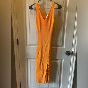Small House of Harlow 1960 Orange Ribbed  Bodycon Cut Out Ring Slit Midi Dress